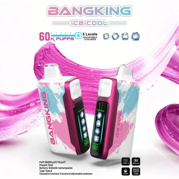 Bang-King-Ice-Cool-60000-桃子冰.webp Bang King 60000 拋棄式電子煙|LED 螢幕顯示 × 五檔冰度調節|超長續航大容量・多款口味