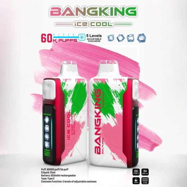 Bang-King-Ice-Cool-60000-草莓西瓜.webp Bang King 60000 拋棄式電子煙|LED 螢幕顯示 × 五檔冰度調節|超長續航大容量・多款口味