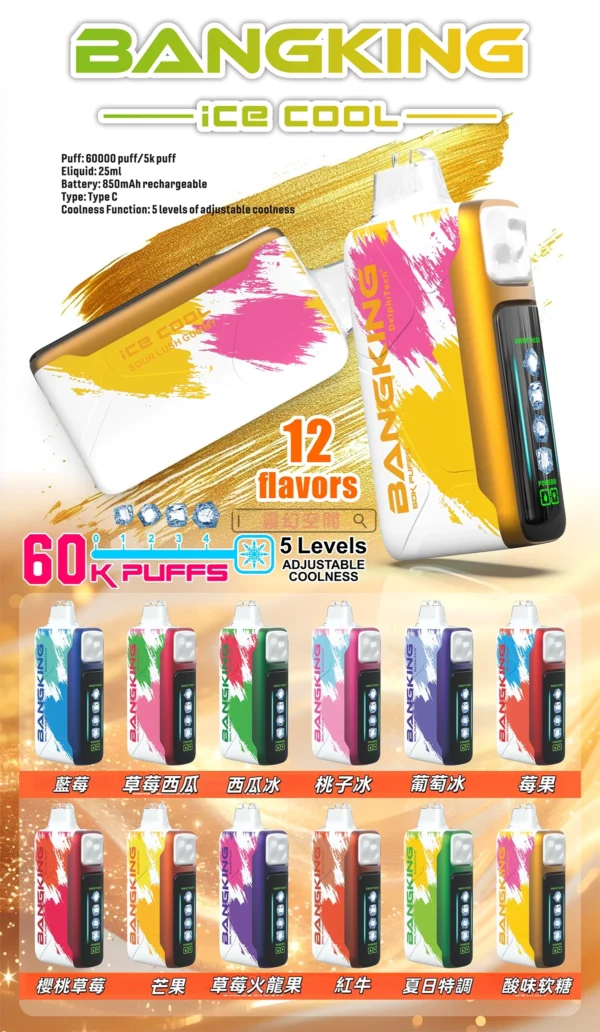 Bang-King-Ice-Cool-60000口一次性拋棄式-5檔可調節涼度.webp Bang King 60000 拋棄式電子煙|LED 螢幕顯示 × 五檔冰度調節|超長續航大容量・多款口味